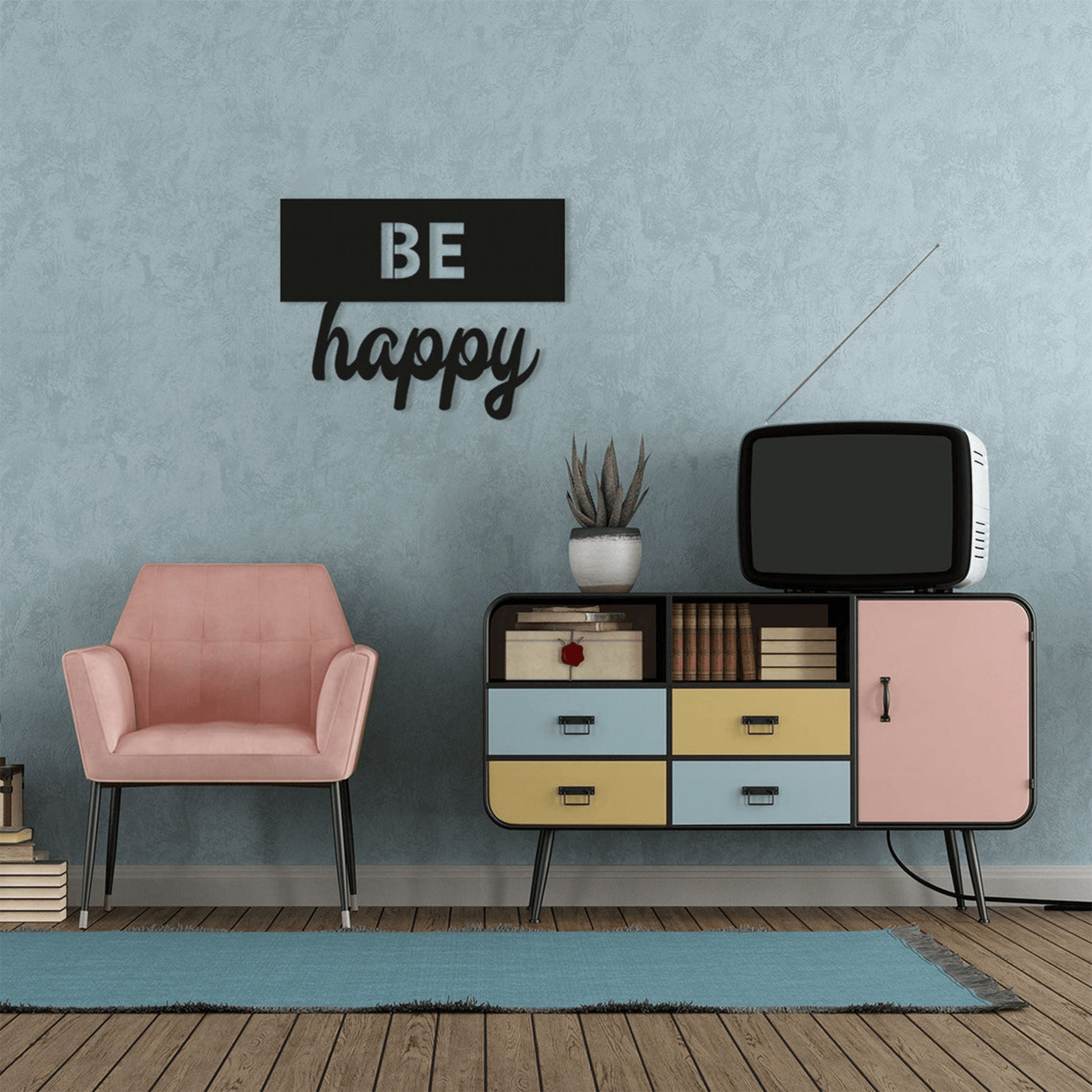 BE HAPPY, Μεταλλικό διακοσμητικό τοίχου - lovenwall
